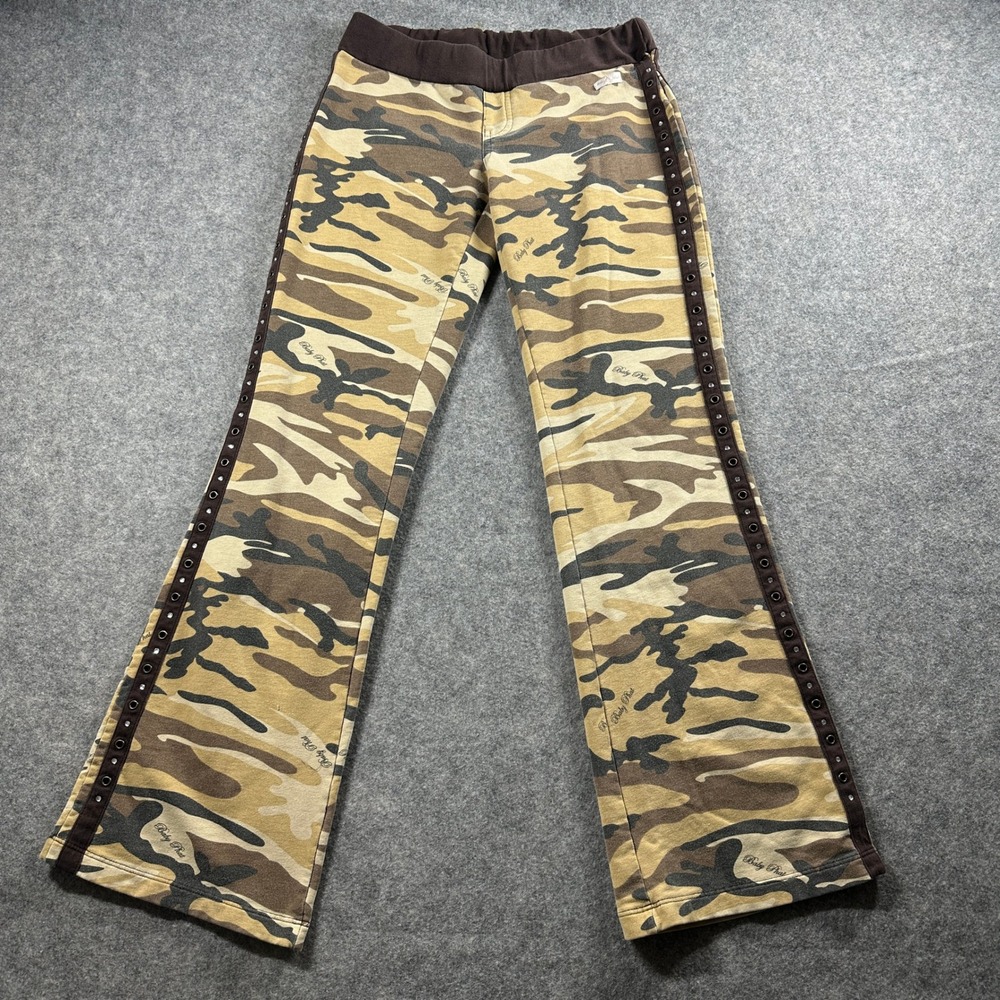 Baby Phat Camo Flare Pants Women M Brown Camouflage Rhinestone Y2K Grommet Side